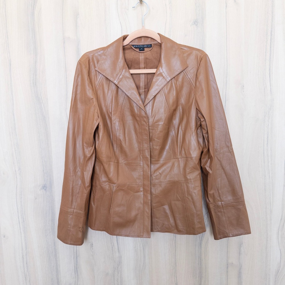 Lafayette 148 Womens 100% Lambskin Leather Jacket Blazer 8 Brown Luxury 90s